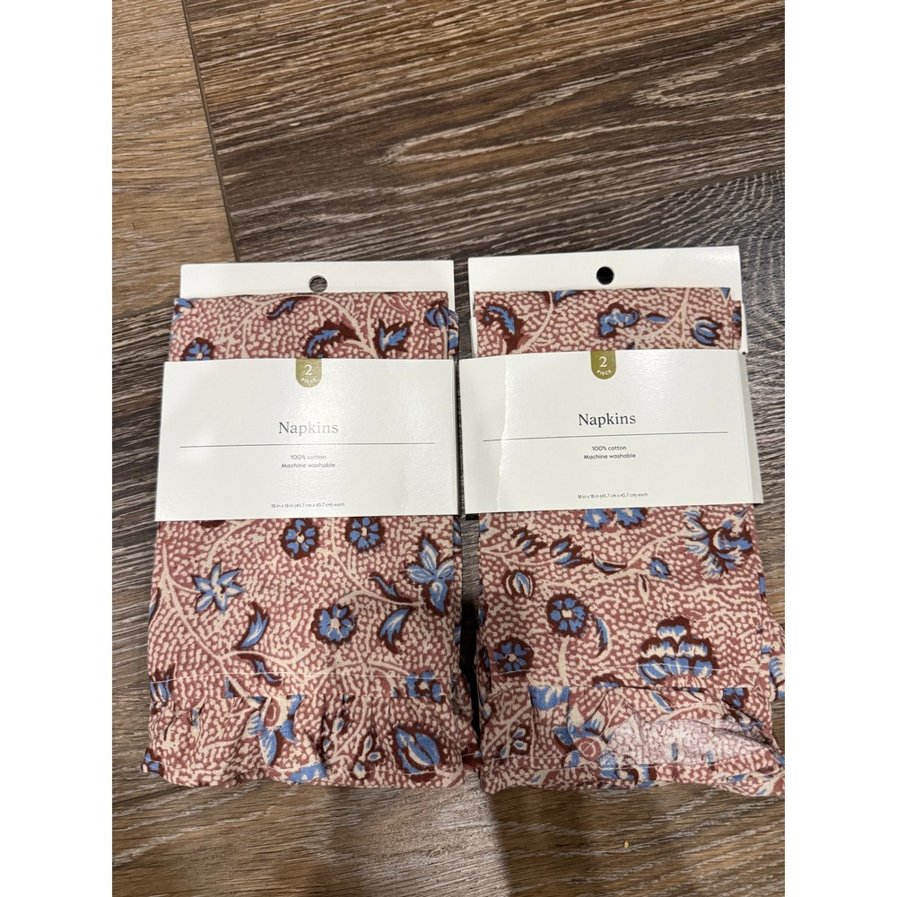Threshold 4pc Cotton Ruffle Napkins Floral Pink Blue Block Print 18x18 New